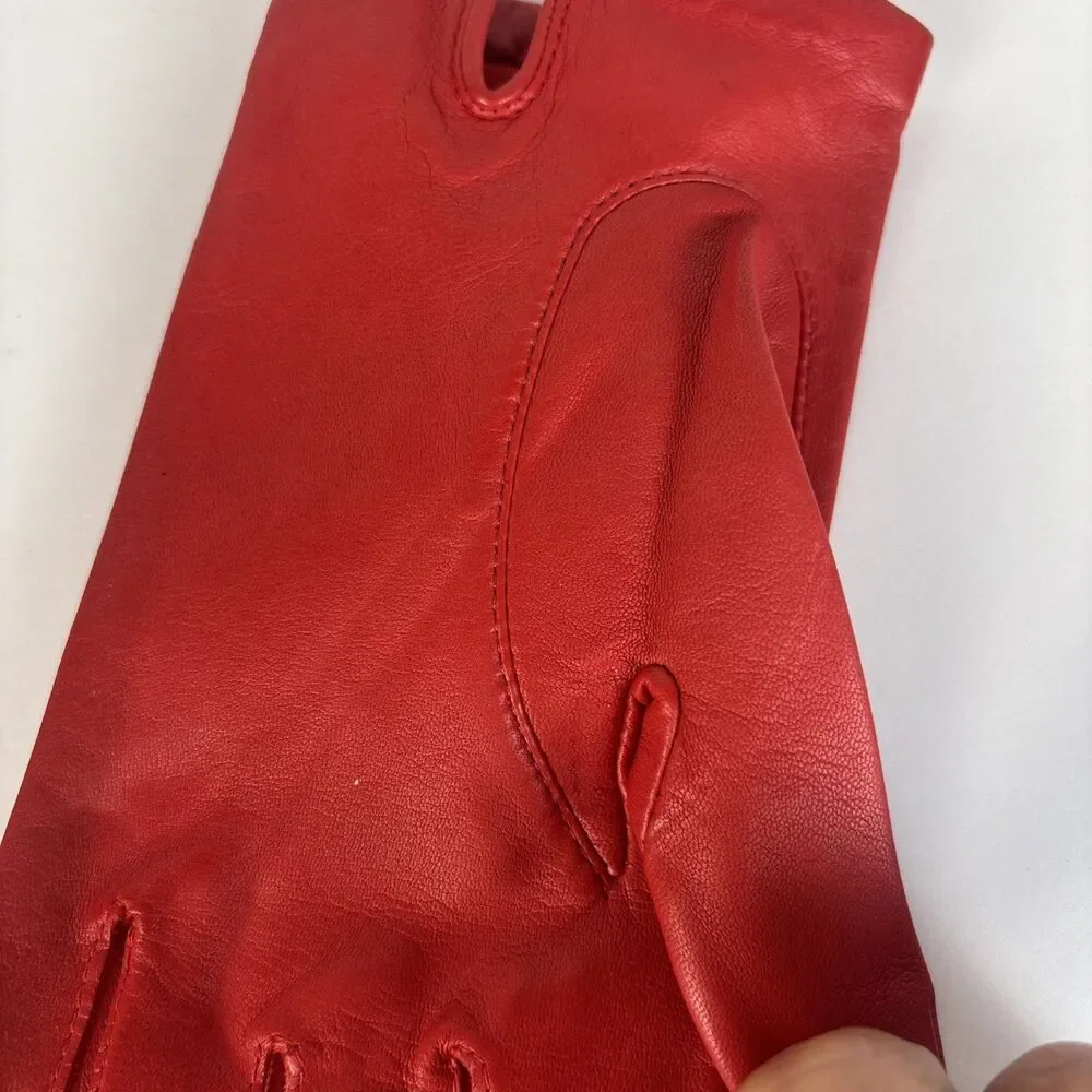 VTG Aris Women's Gloves Red Leather 100% Silk Lined Size 7 1/2 Wrist Length